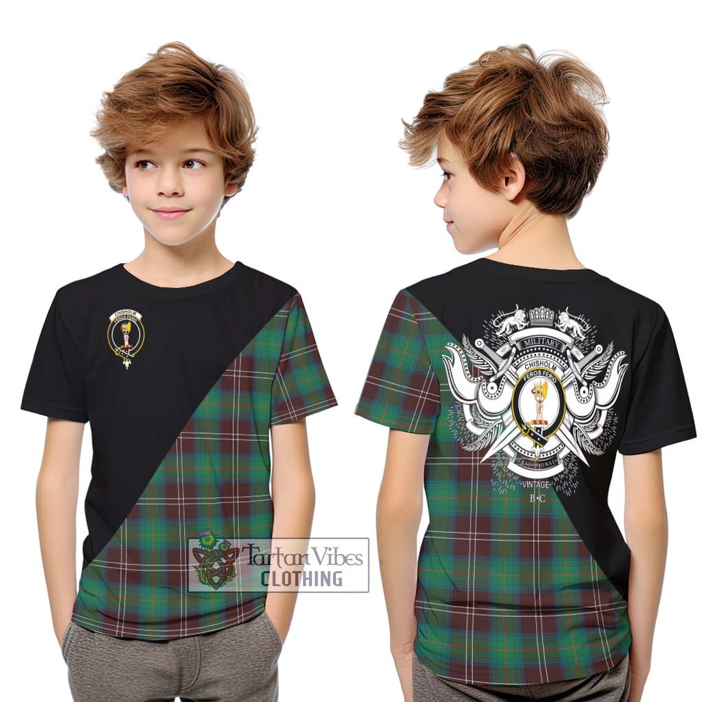 Chisholm Hunting Ancient Tartan Kid T-Shirt with Family Crest and Military Logo Style Youth XL Size14 - Tartanvibesclothing Shop