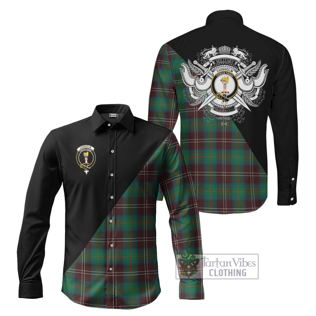 Chisholm Hunting Ancient Tartan Long Sleeve Button Shirt with Family Crest and Military Logo Style Men's Shirt S - Tartanvibesclothing Shop