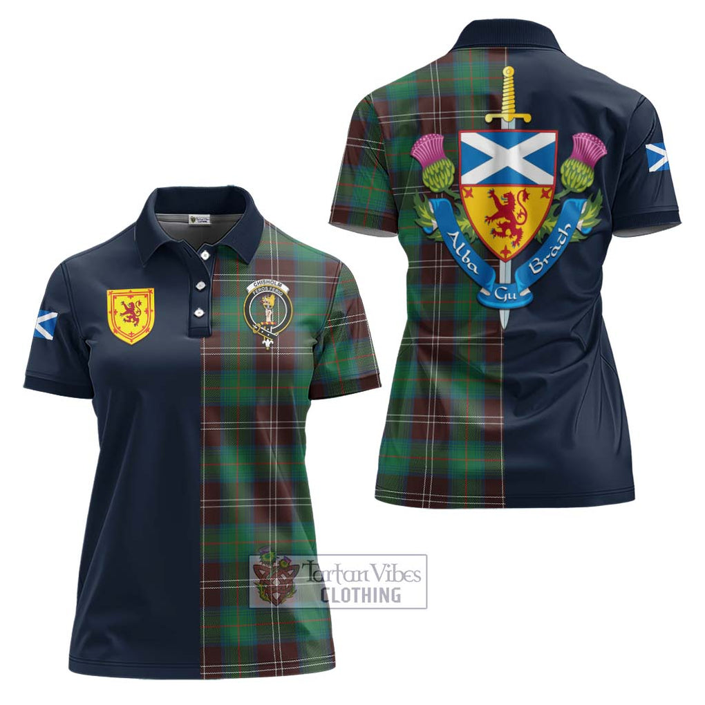 Tartan Vibes Clothing Chisholm Hunting Ancient Tartan Women's Polo Shirt with Scottish Lion Royal Arm Half Style