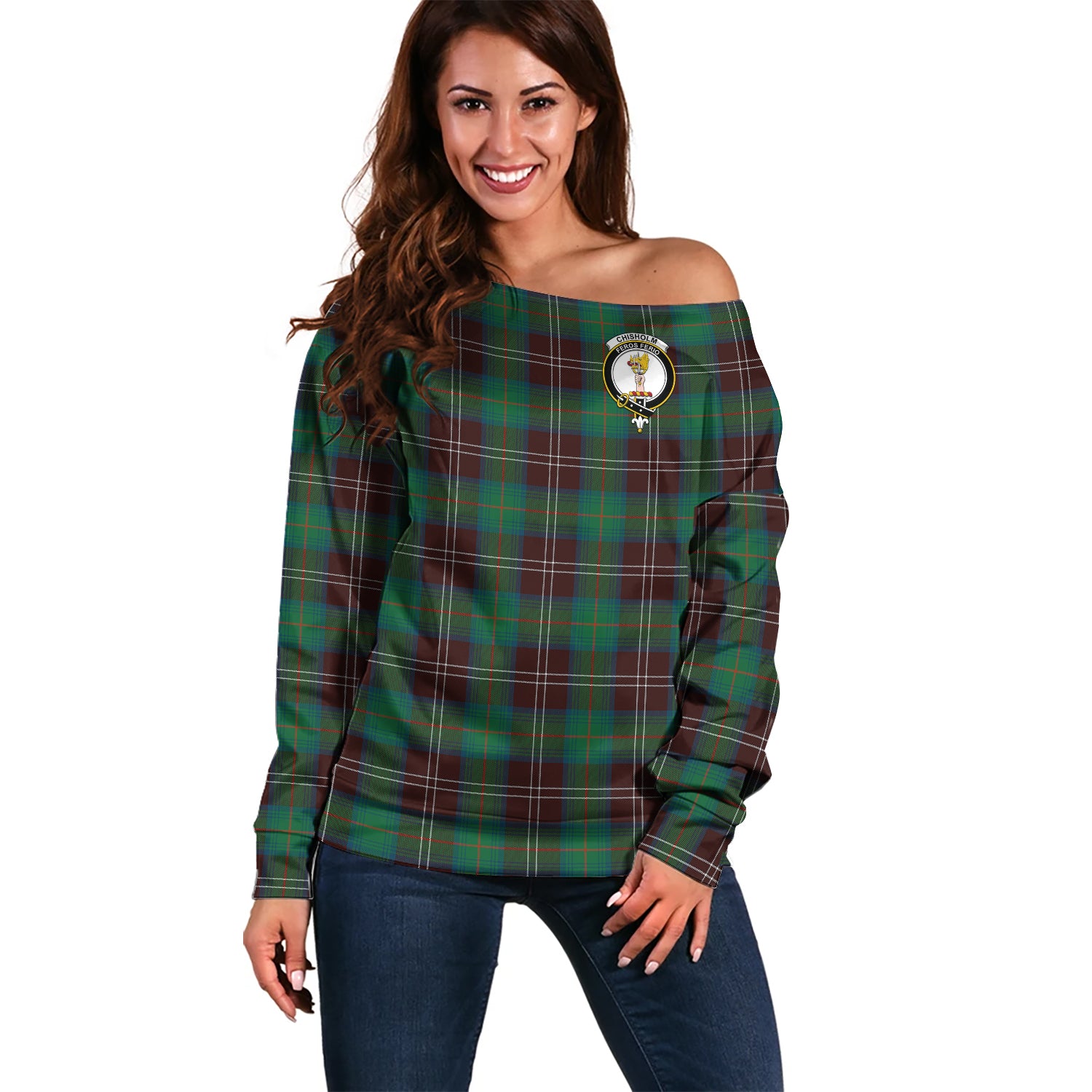 Chisholm Hunting Ancient Tartan Off Shoulder Women Sweater with Family Crest Women - Tartanvibesclothing