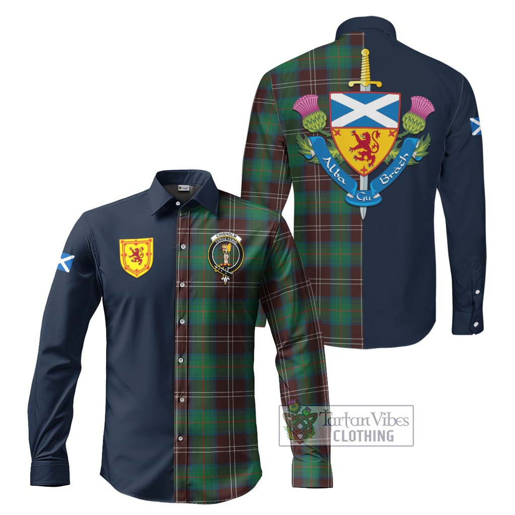 Tartan Vibes Clothing Chisholm Hunting Ancient Tartan Long Sleeve Button Shirt with Scottish Lion Royal Arm Half Style