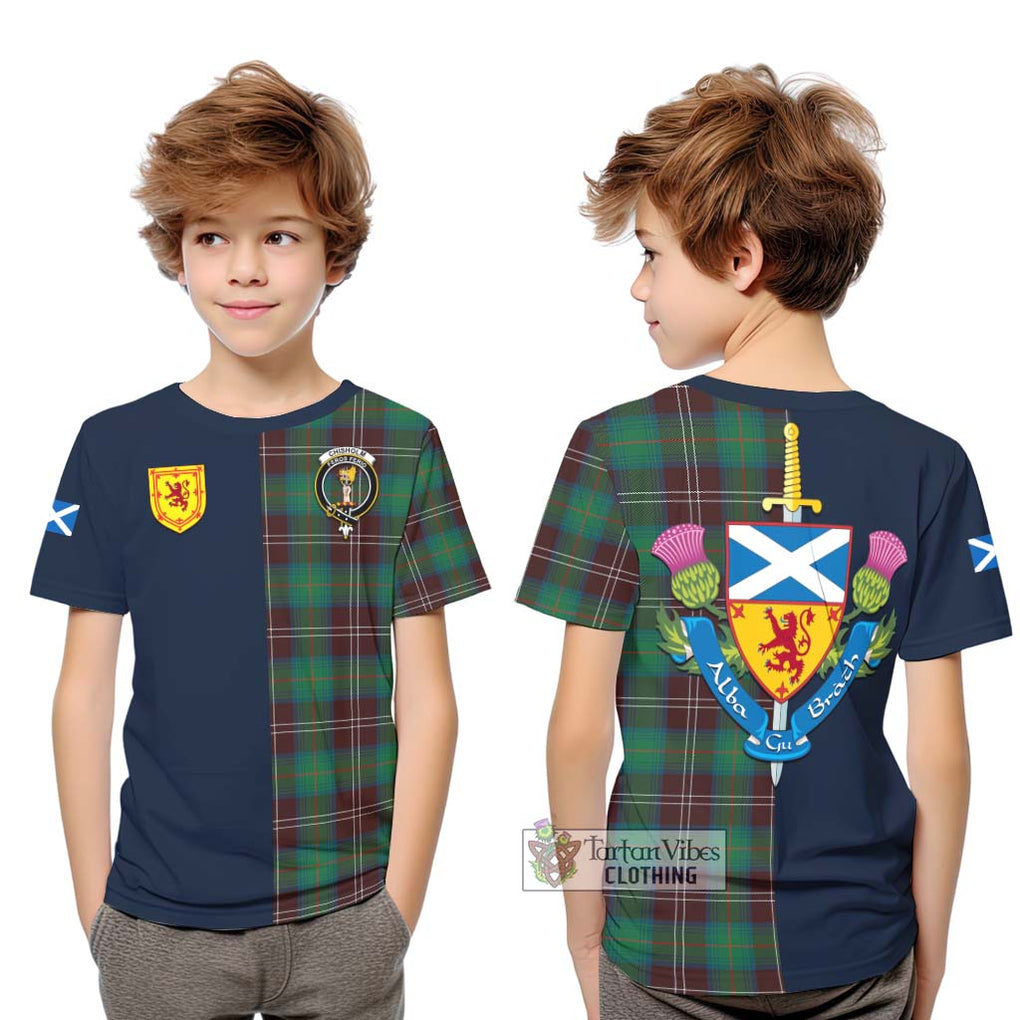 Tartan Vibes Clothing Chisholm Hunting Ancient Tartan Kid T-Shirt with Scottish Lion Royal Arm Half Style