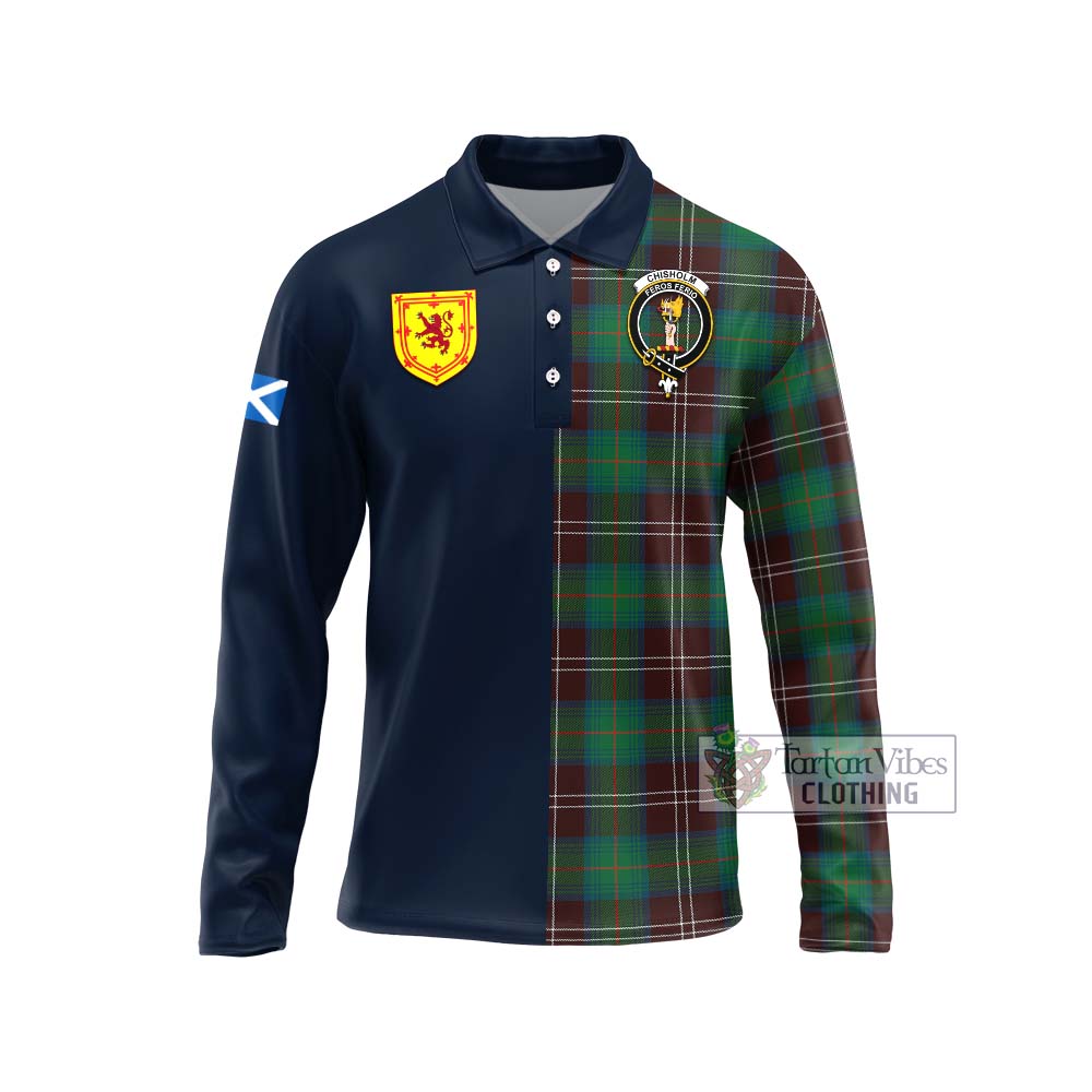 Tartan Vibes Clothing Chisholm Hunting Ancient Tartan Long Sleeve Polo Shirt with Scottish Lion Royal Arm Half Style