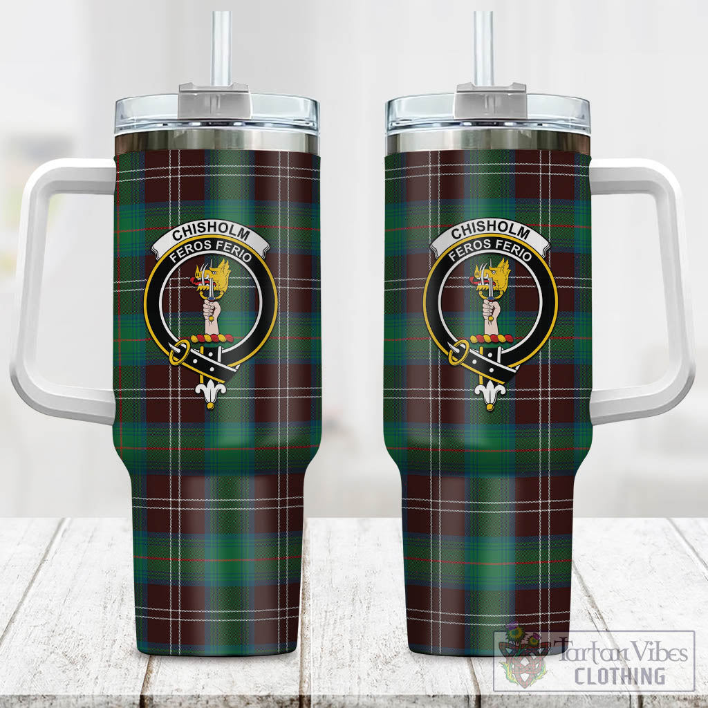 Tartan Vibes Clothing Chisholm Hunting Ancient Tartan and Family Crest Tumbler with Handle