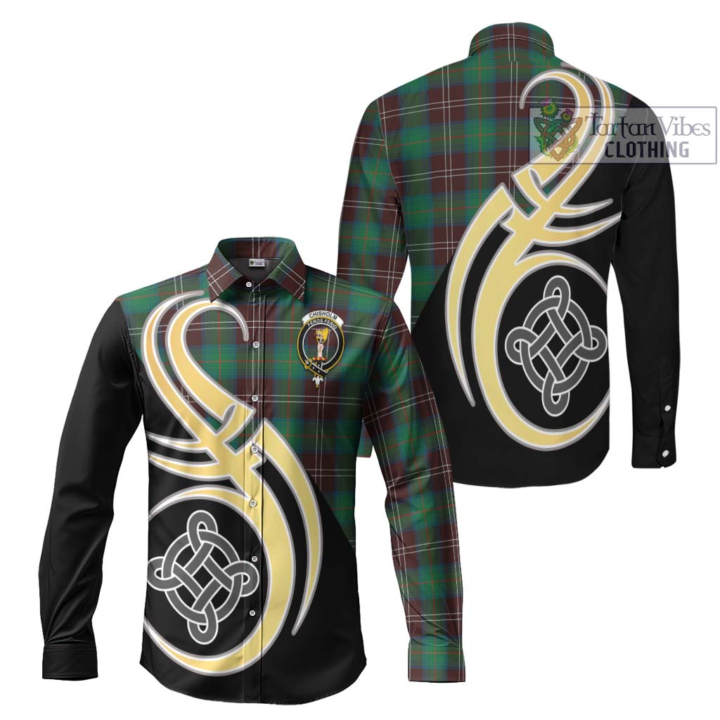 Chisholm Hunting Ancient Tartan Long Sleeve Button Shirt with Family Crest and Celtic Symbol Style Men's Shirt S - Tartan Vibes Clothing