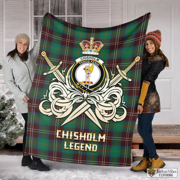 Chisholm Hunting Ancient Tartan Blanket with Clan Crest and the Golden Sword of Courageous Legacy