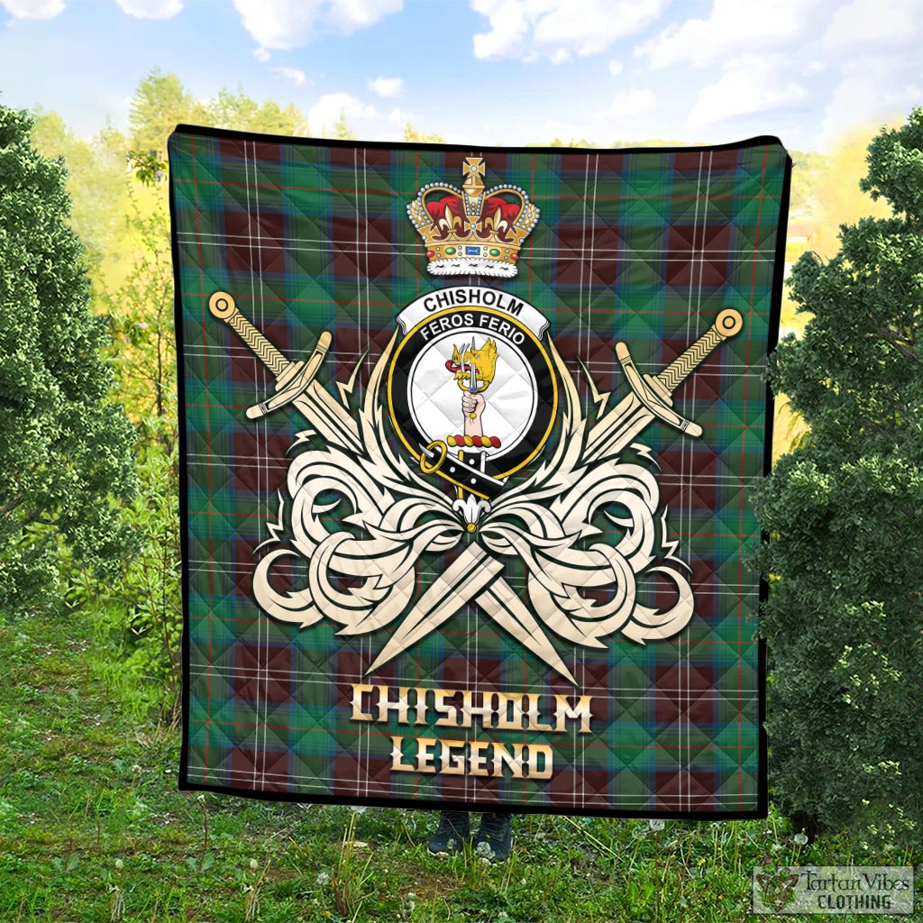 Tartan Vibes Clothing Chisholm Hunting Ancient Tartan Quilt with Clan Crest and the Golden Sword of Courageous Legacy