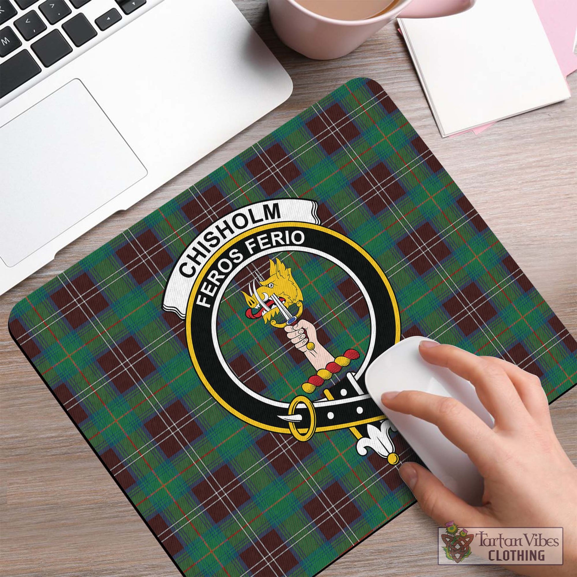 Tartan Vibes Clothing Chisholm Hunting Ancient Tartan Mouse Pad with Family Crest