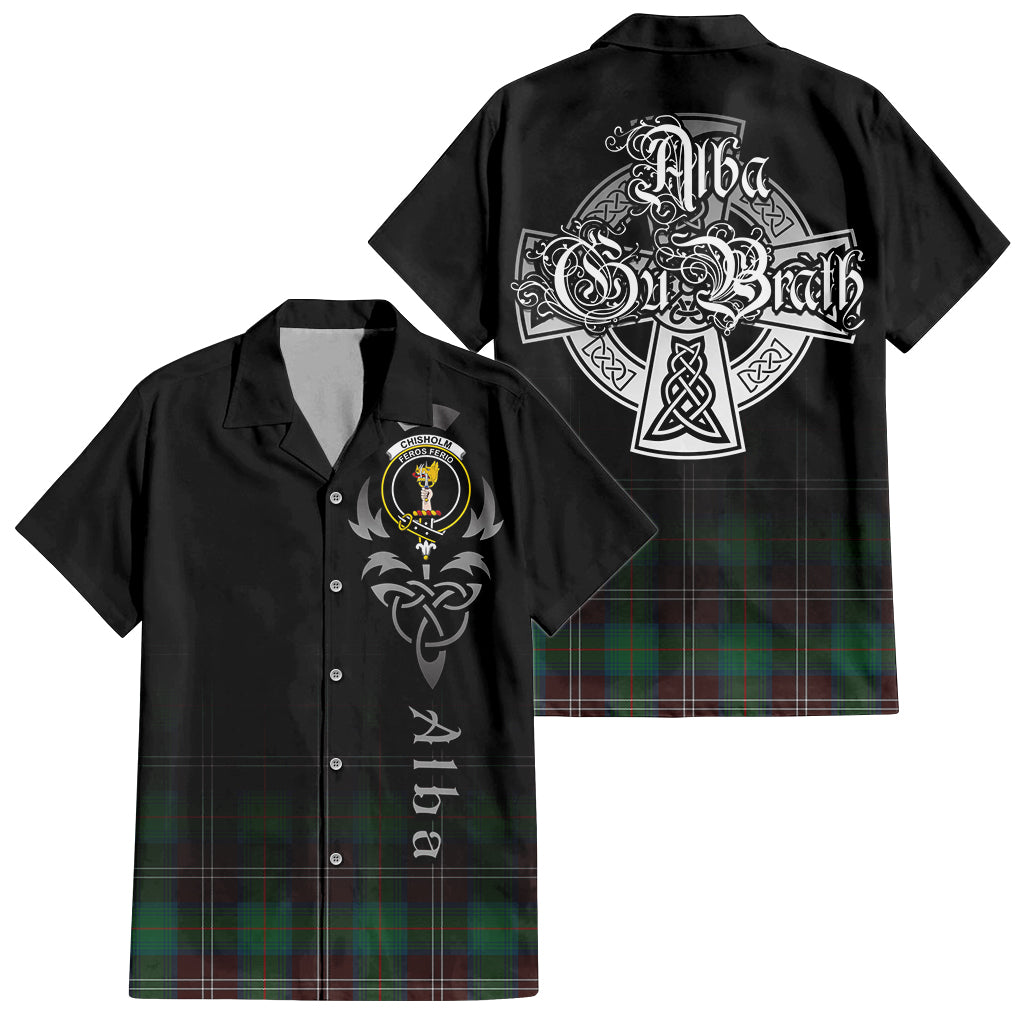 Tartan Vibes Clothing Chisholm Hunting Ancient Tartan Short Sleeve Button Up Featuring Alba Gu Brath Family Crest Celtic Inspired