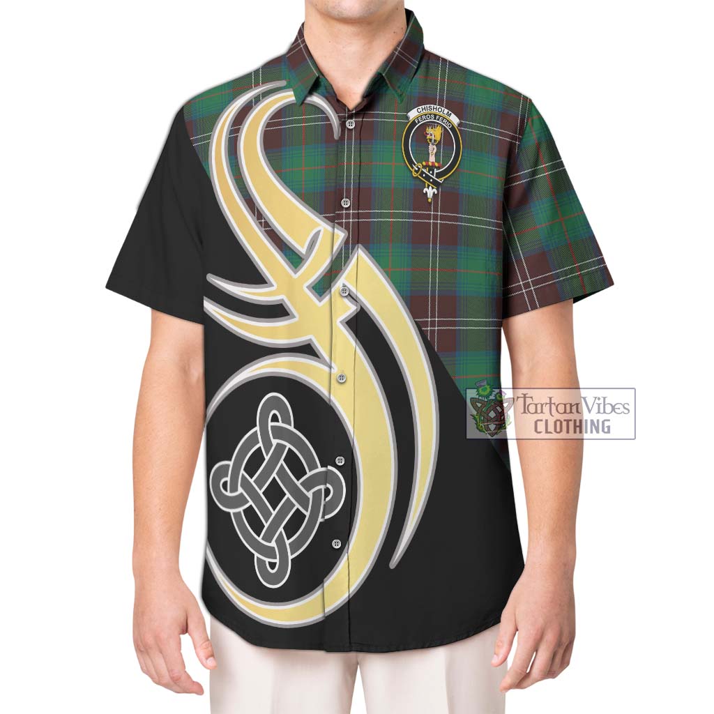 Chisholm Hunting Ancient Tartan Short Sleeve Button Shirt with Family Crest and Celtic Symbol Style Kid - Tartan Vibes Clothing