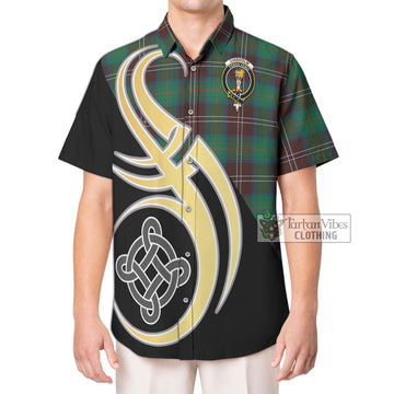 Chisholm Hunting Ancient Tartan Short Sleeve Button Shirt with Family Crest and Celtic Symbol Style