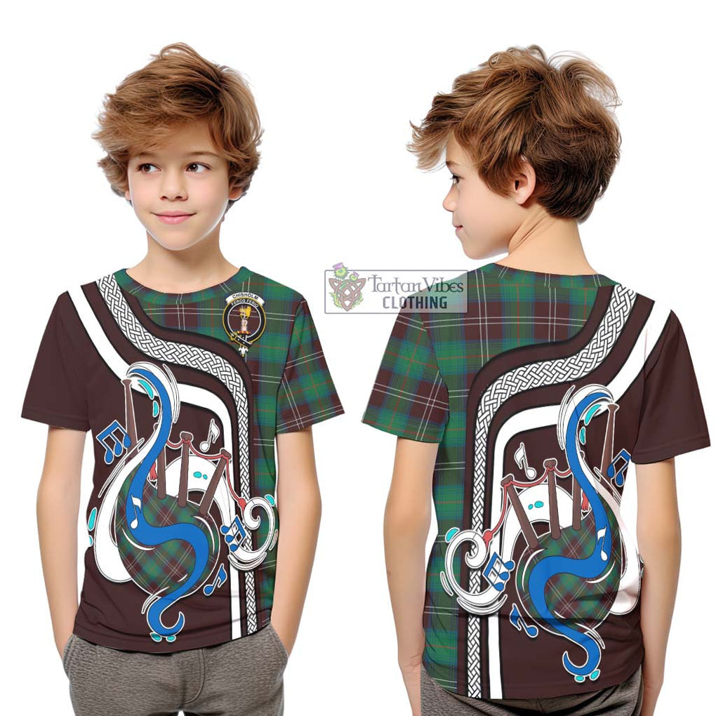 Tartan Vibes Clothing Chisholm Hunting Ancient Tartan Kid T-Shirt with Epic Bagpipe Style