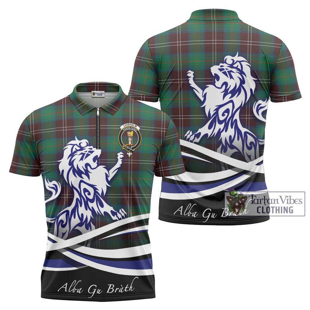 Chisholm Hunting Ancient Tartan Zipper Polo Shirt with Alba Gu Brath Regal Lion Emblem Unisex - Tartanvibesclothing Shop