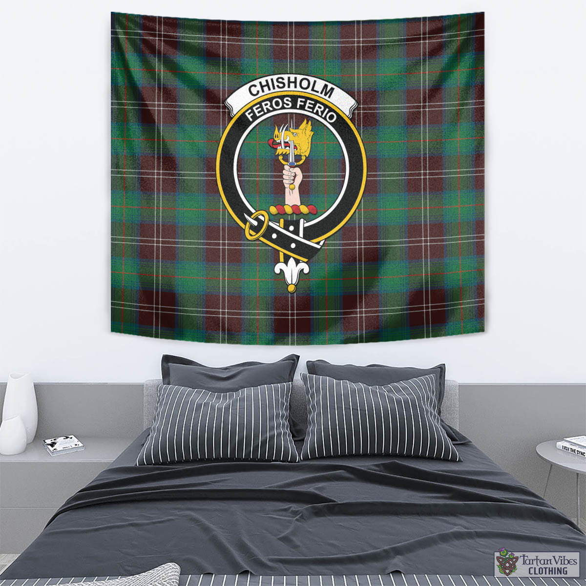 Tartan Vibes Clothing Chisholm Hunting Ancient Tartan Tapestry Wall Hanging and Home Decor for Room with Family Crest