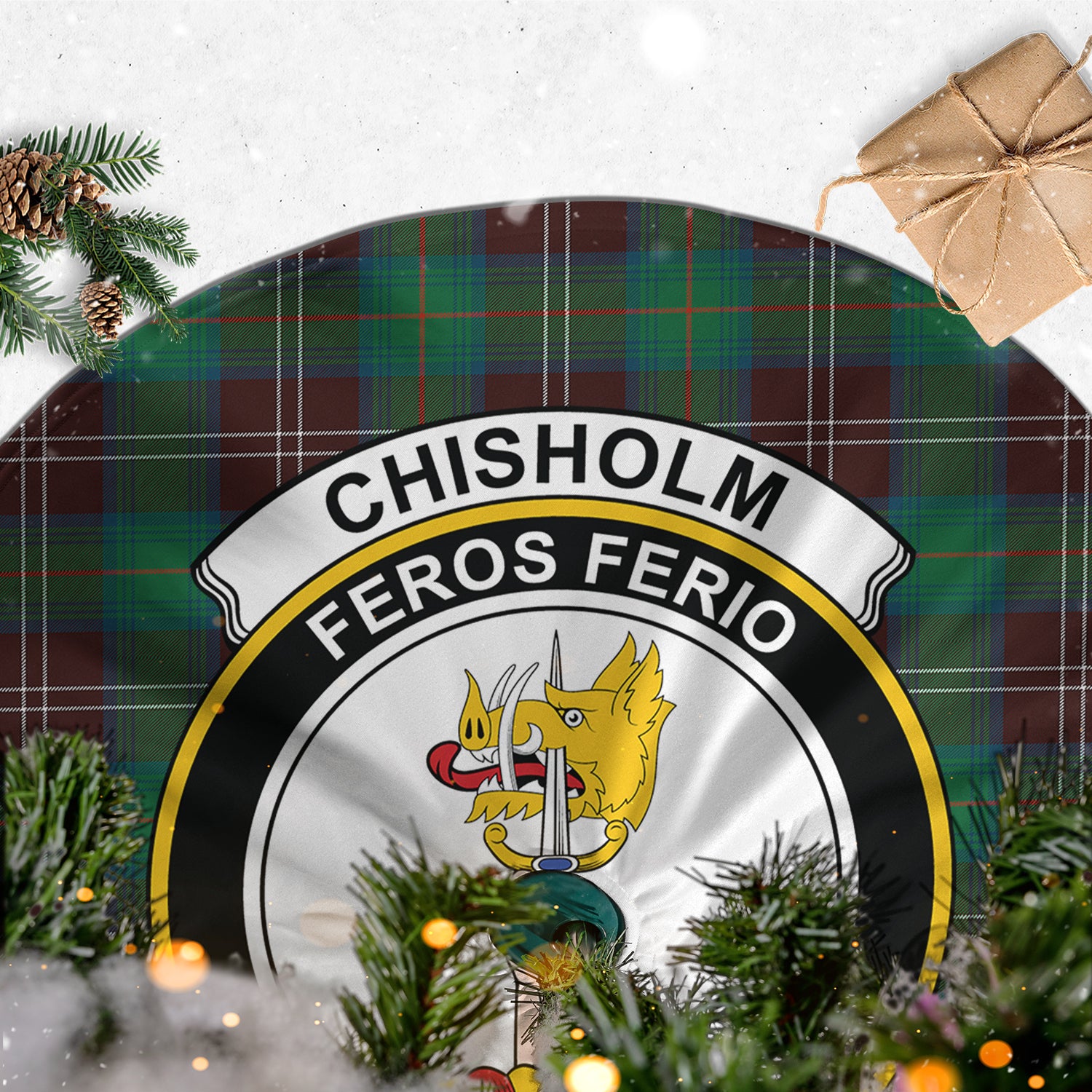 Chisholm Hunting Ancient Tartan Christmas Tree Skirt with Family Crest - Tartanvibesclothing