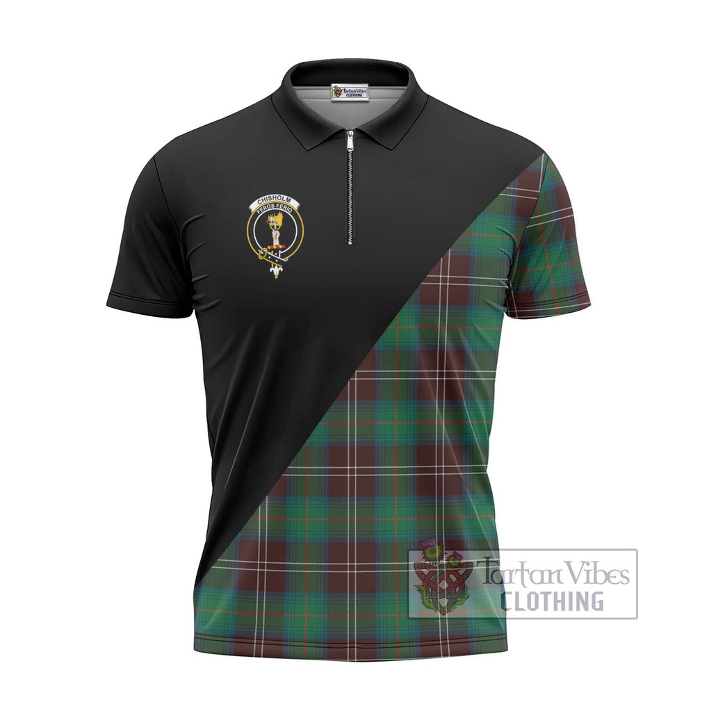 Chisholm Hunting Ancient Tartan Zipper Polo Shirt with Family Crest and Military Logo Style - Tartanvibesclothing Shop