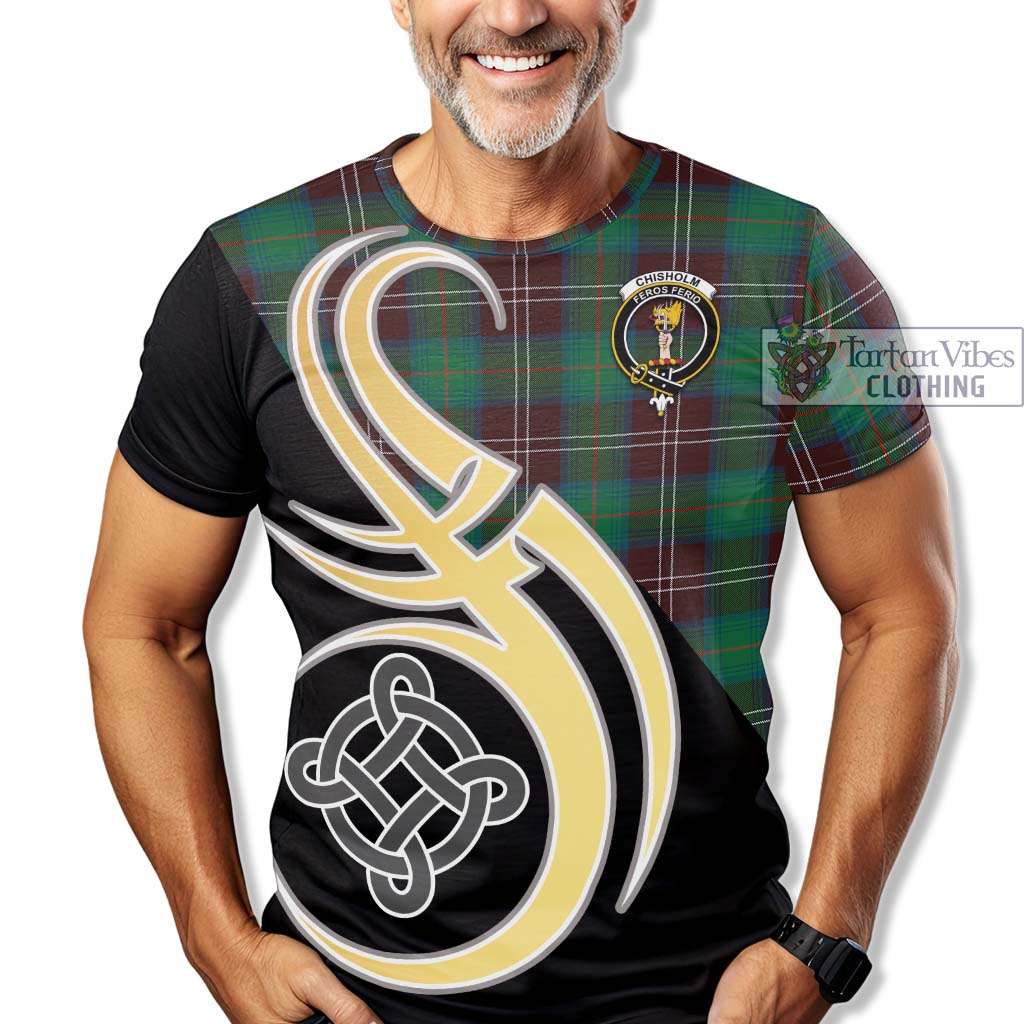 Tartan Vibes Clothing Chisholm Hunting Ancient Tartan T-Shirt with Family Crest and Celtic Symbol Style