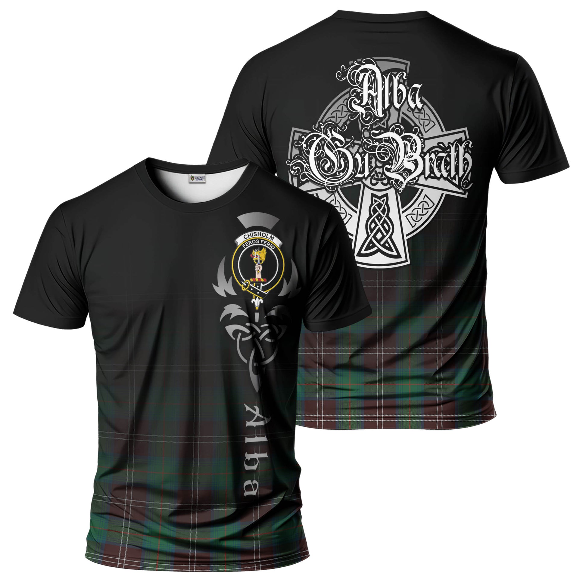 Tartan Vibes Clothing Chisholm Hunting Ancient Tartan T-Shirt Featuring Alba Gu Brath Family Crest Celtic Inspired