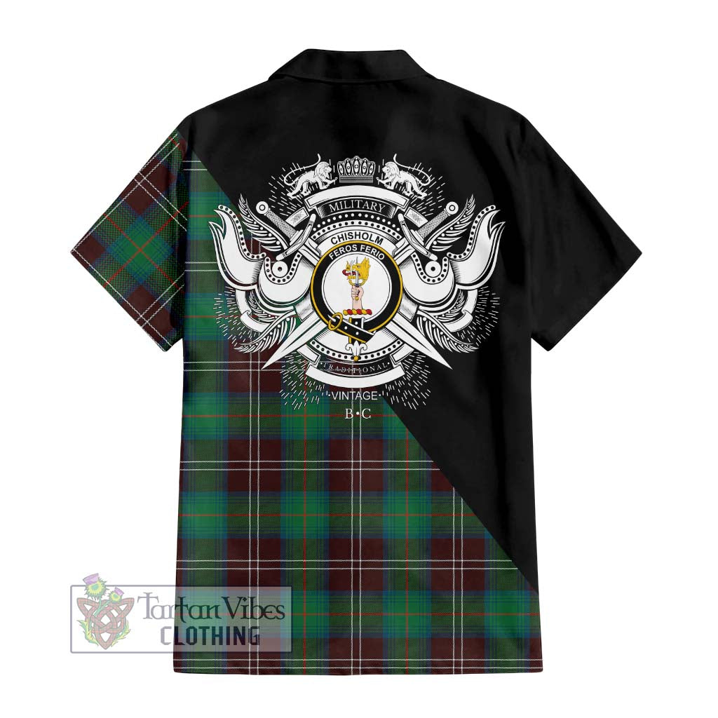 Chisholm Hunting Ancient Tartan Short Sleeve Button Shirt with Family Crest and Military Logo Style - Tartanvibesclothing Shop