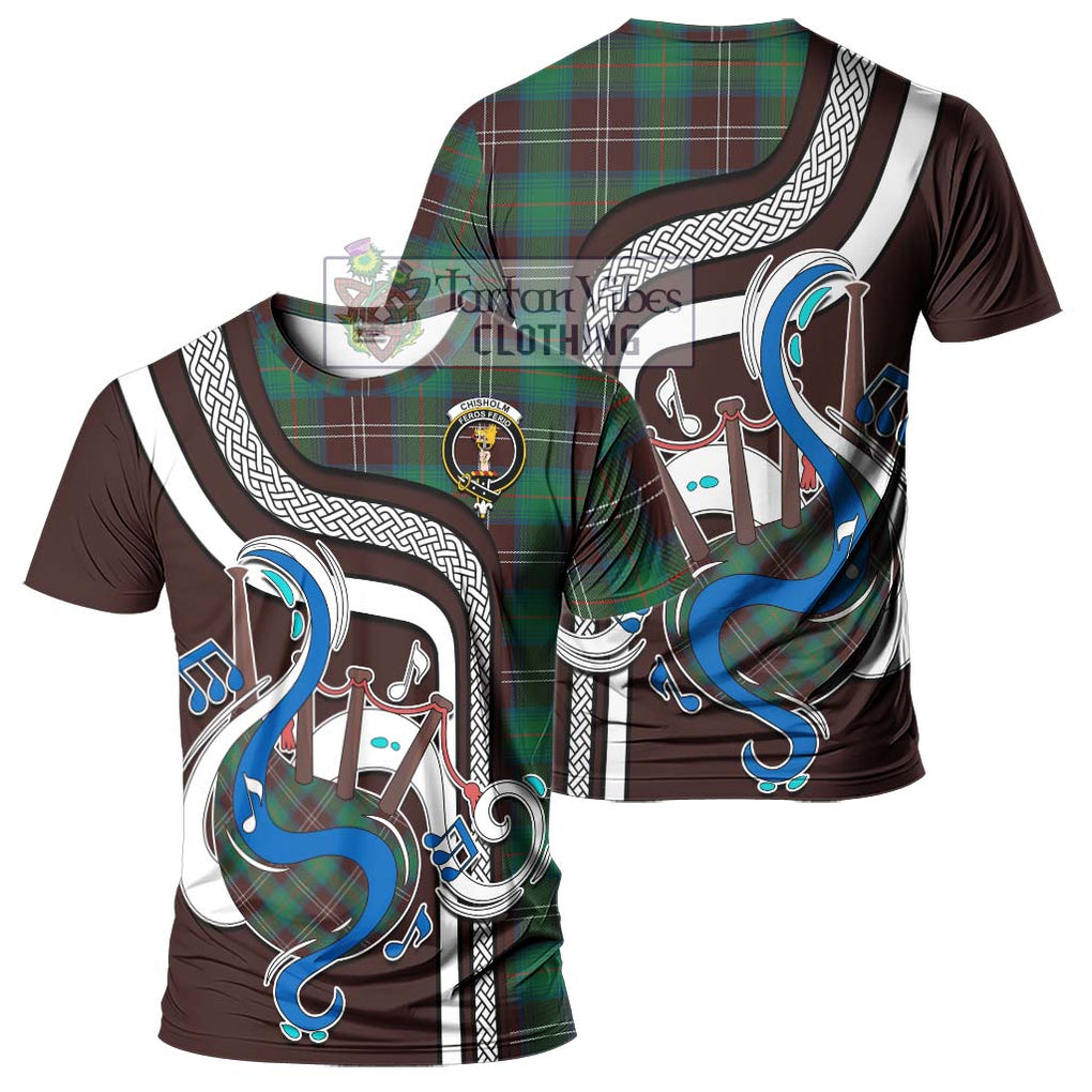 Chisholm Hunting Ancient Tartan T-Shirt with Epic Bagpipe Style - Tartanvibesclothing Shop