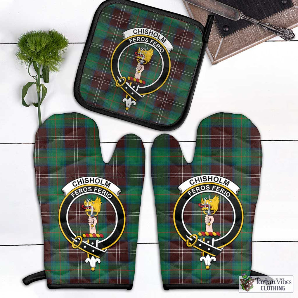 Chisholm Hunting Ancient Tartan Combo Oven Mitt & Pot-Holder with Family Crest Combo 1 Oven Mitt & 1 Pot-Holder Black - Tartan Vibes Clothing