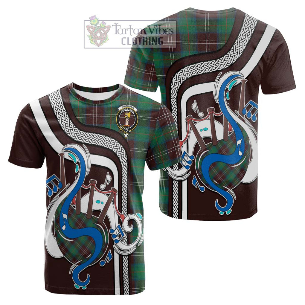 Tartan Vibes Clothing Chisholm Hunting Ancient Tartan Cotton T-shirt with Epic Bagpipe Style