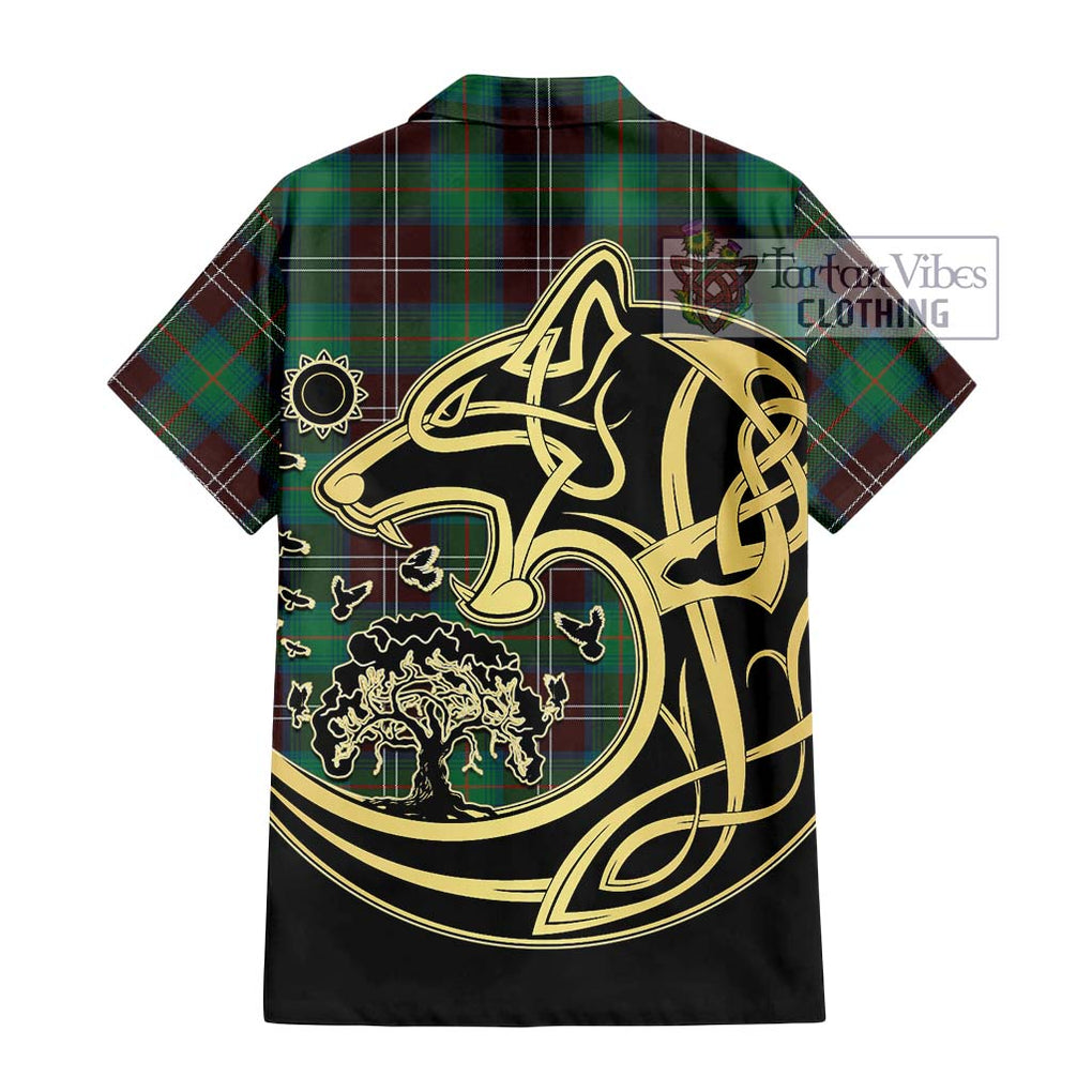 Chisholm Hunting Ancient Tartan Short Sleeve Button Shirt with Family Crest Celtic Wolf Style - Tartan Vibes Clothing