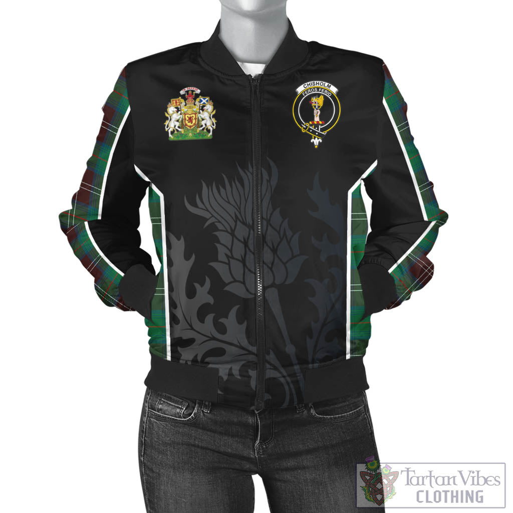 Tartan Vibes Clothing Chisholm Hunting Ancient Tartan Bomber Jacket with Family Crest and Scottish Thistle Vibes Sport Style