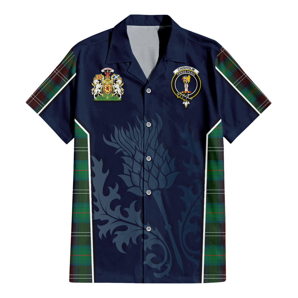 Tartan Vibes Clothing Chisholm Hunting Ancient Tartan Short Sleeve Button Up Shirt with Family Crest and Scottish Thistle Vibes Sport Style