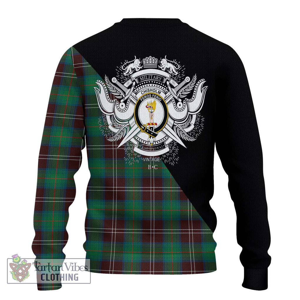 Chisholm Hunting Ancient Tartan Knitted Sweater with Family Crest and Military Logo Style - Tartanvibesclothing Shop