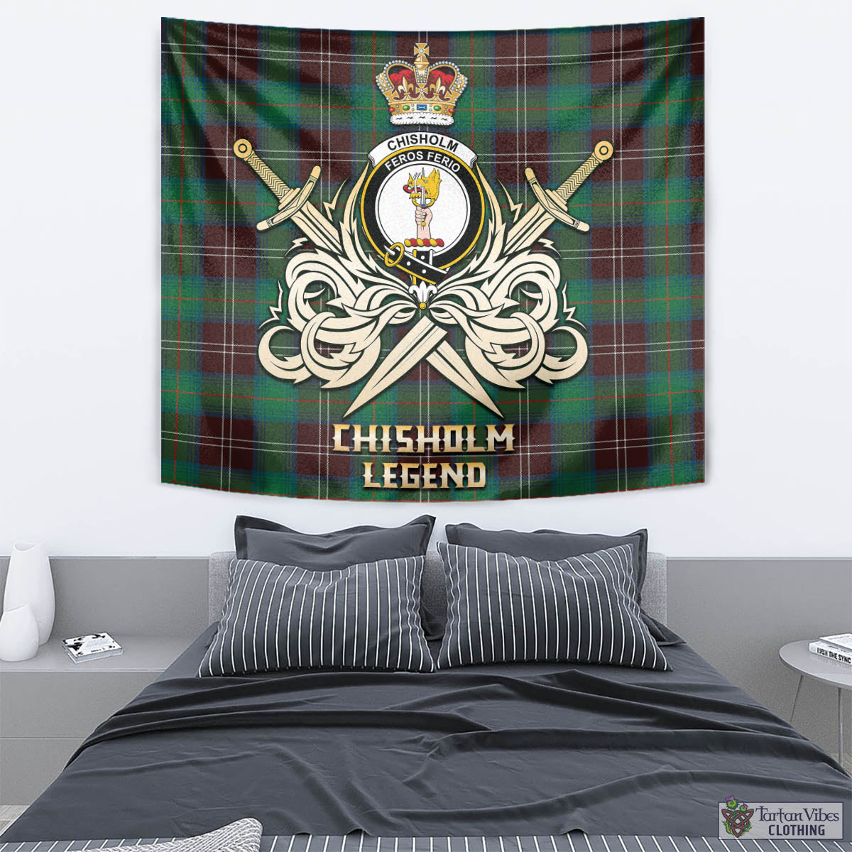 Tartan Vibes Clothing Chisholm Hunting Ancient Tartan Tapestry with Clan Crest and the Golden Sword of Courageous Legacy