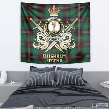 Chisholm Hunting Ancient Tartan Tapestry with Clan Crest and the Golden Sword of Courageous Legacy