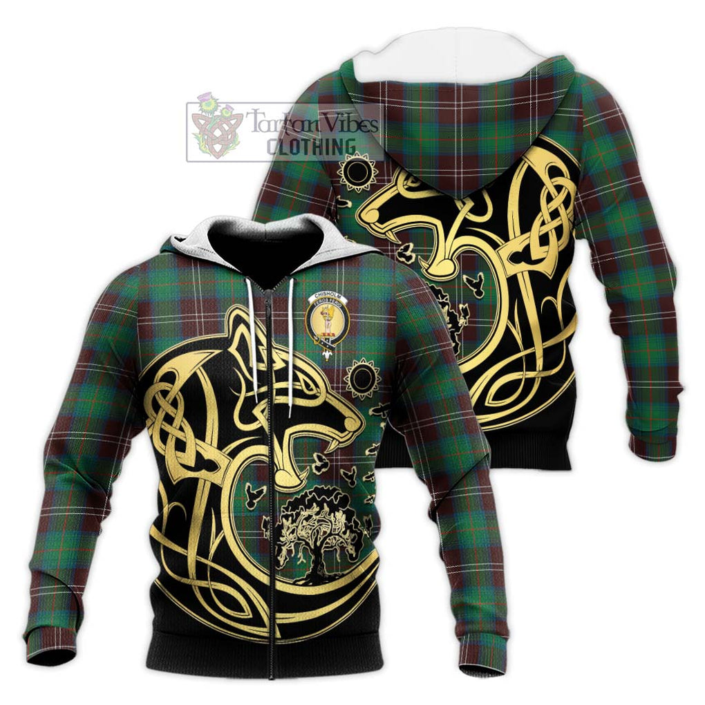 Chisholm Hunting Ancient Tartan Knitted Hoodie with Family Crest Celtic Wolf Style Unisex Knitted Zip Hoodie - Tartan Vibes Clothing