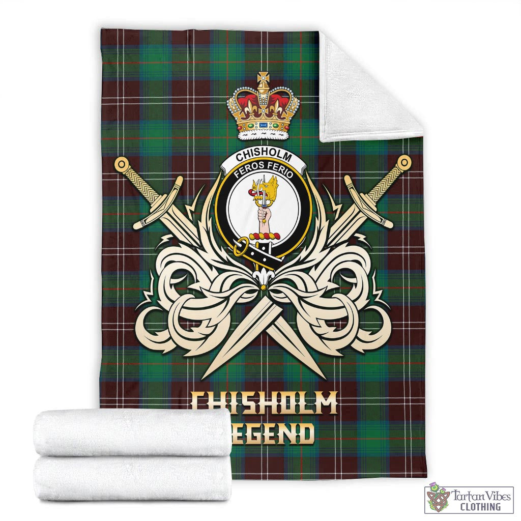 Tartan Vibes Clothing Chisholm Hunting Ancient Tartan Blanket with Clan Crest and the Golden Sword of Courageous Legacy