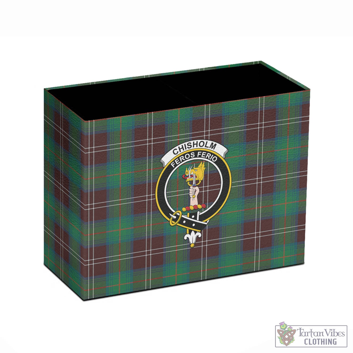 Tartan Vibes Clothing Chisholm Hunting Ancient Tartan Pen Holder with Family Crest