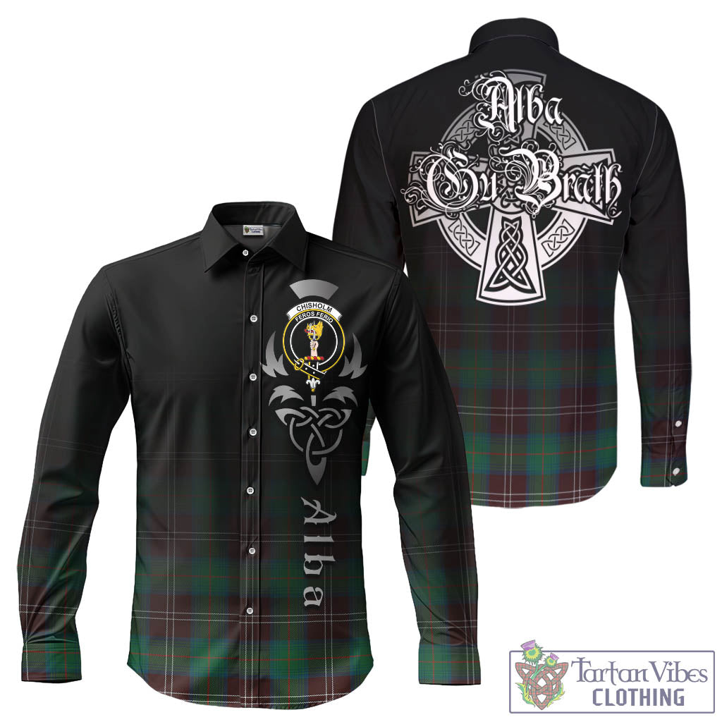 Tartan Vibes Clothing Chisholm Hunting Ancient Tartan Long Sleeve Button Up Featuring Alba Gu Brath Family Crest Celtic Inspired