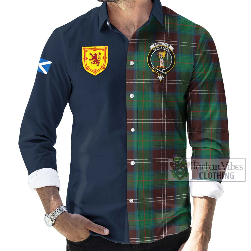 Tartan Vibes Clothing Chisholm Hunting Ancient Tartan Long Sleeve Button Shirt with Scottish Lion Royal Arm Half Style