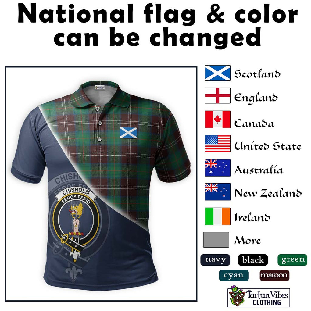 Chisholm Hunting Ancient Tartan Polo Shirt with Personalised National Flag and Family Crest Half Style - Tartanvibesclothing Shop