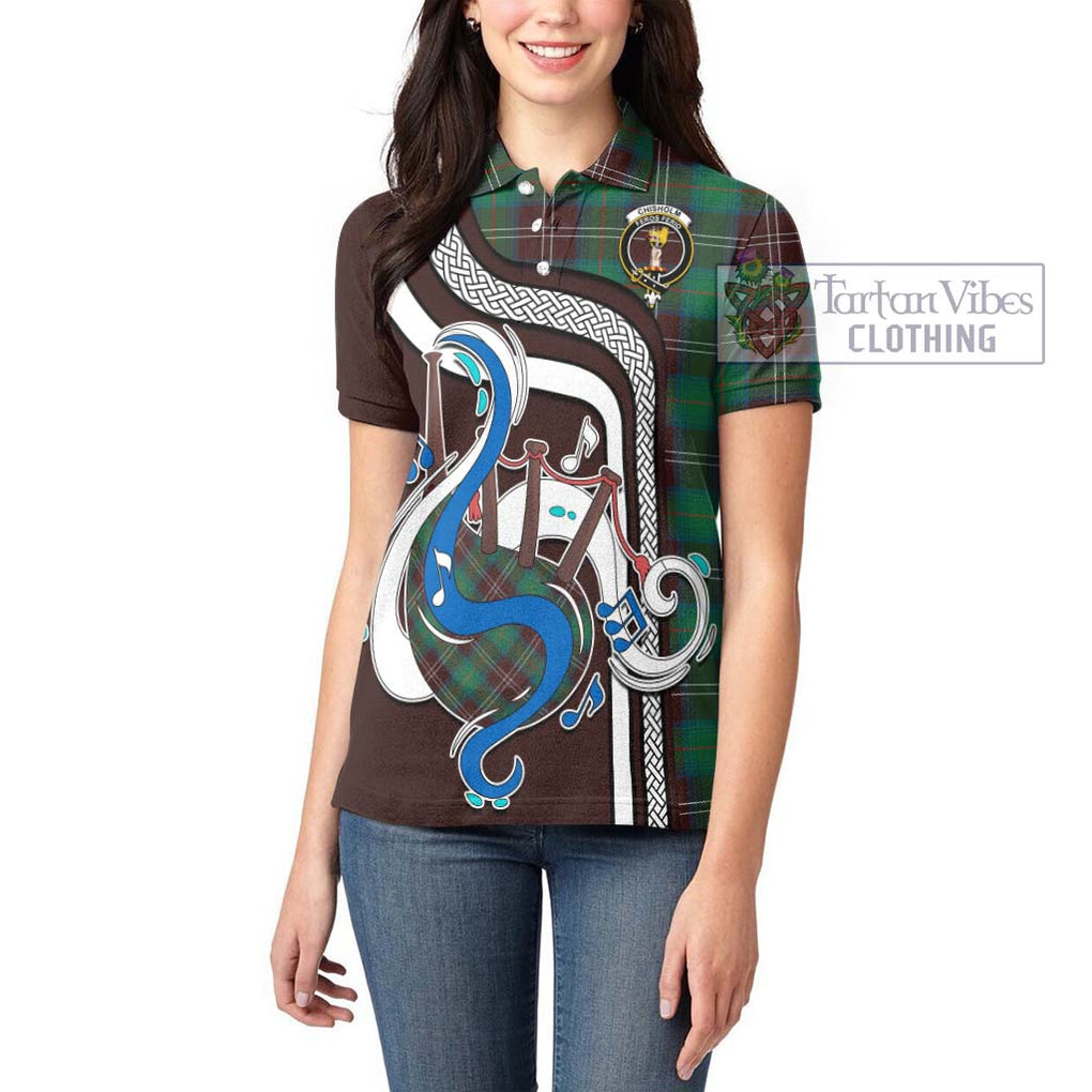 Chisholm Hunting Ancient Tartan Women's Polo Shirt with Epic Bagpipe Style - Tartanvibesclothing Shop