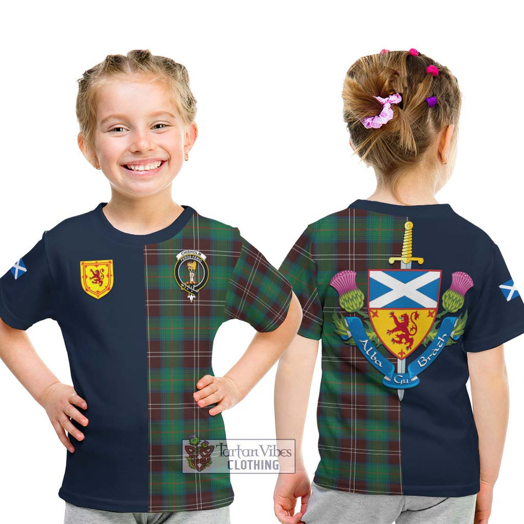 Tartan Vibes Clothing Chisholm Hunting Ancient Tartan Kid T-Shirt with Scottish Lion Royal Arm Half Style