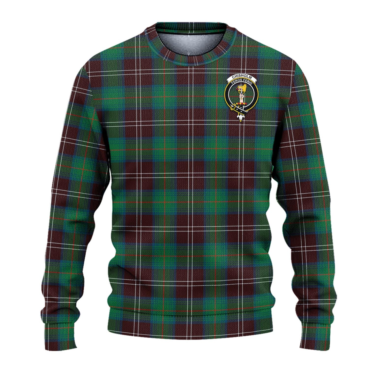 Chisholm Hunting Ancient Tartan Knitted Sweater with Family Crest - Tartanvibesclothing