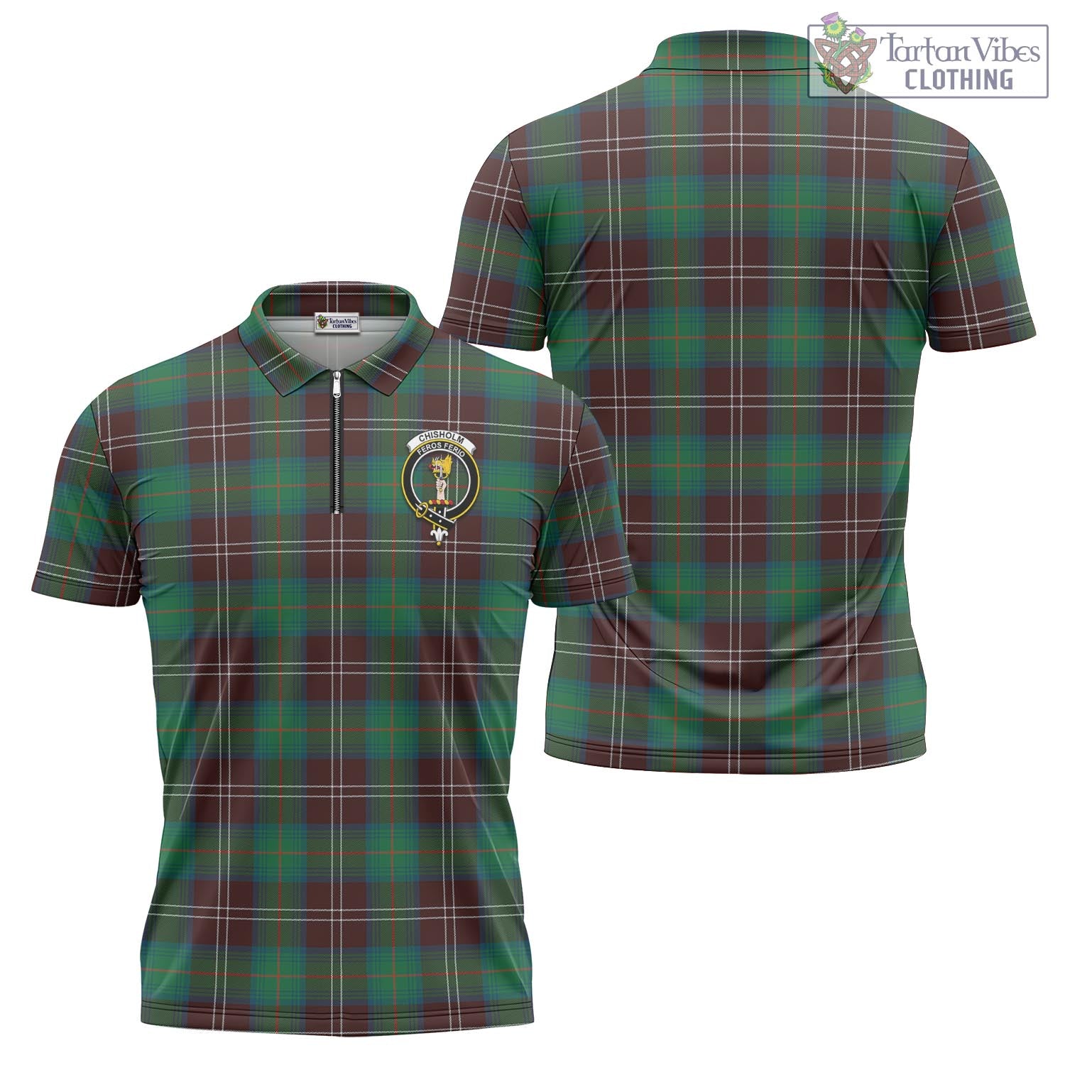 Tartan Vibes Clothing Chisholm Hunting Ancient Tartan Zipper Polo Shirt with Family Crest