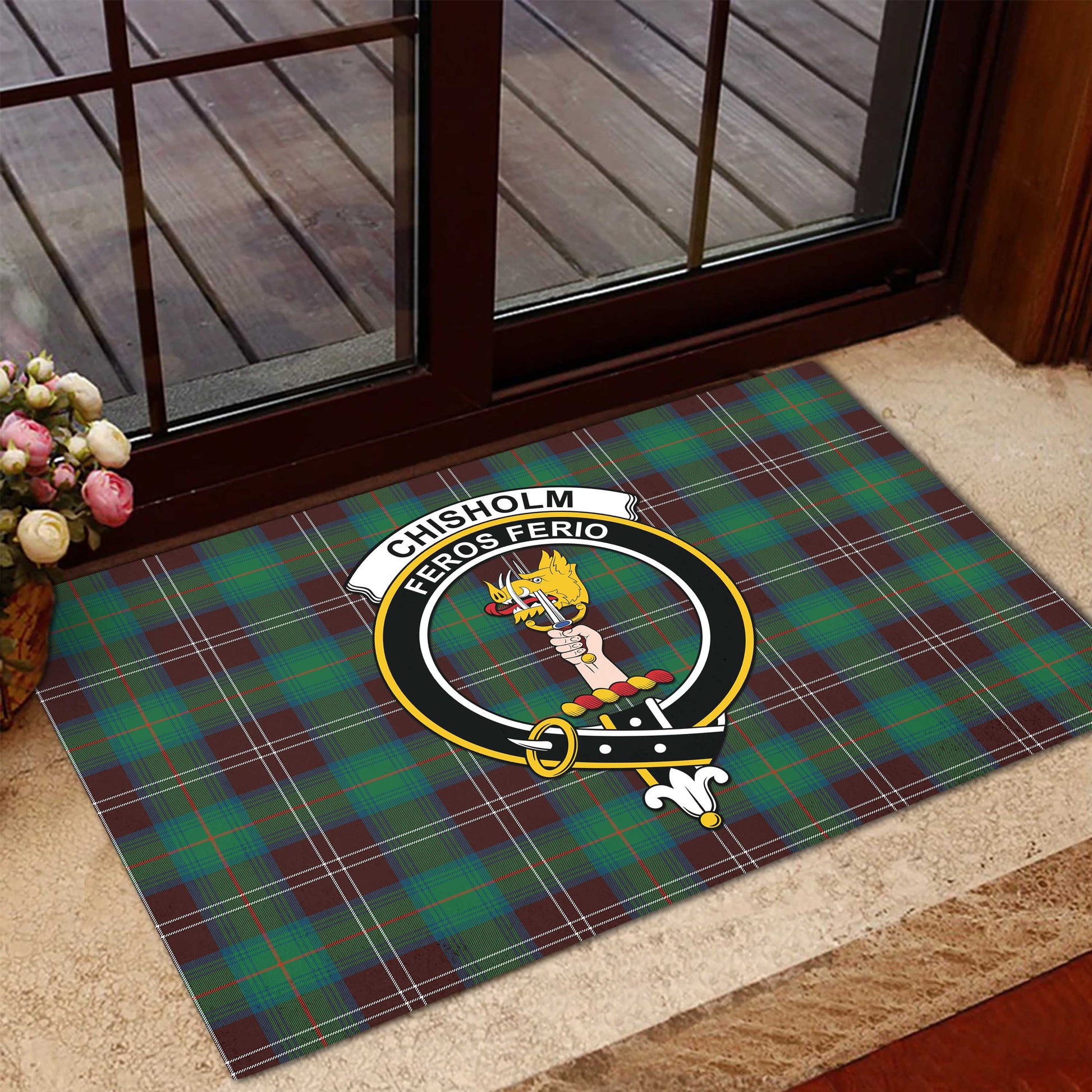 Chisholm Hunting Ancient Tartan Door Mat with Family Crest - Tartanvibesclothing