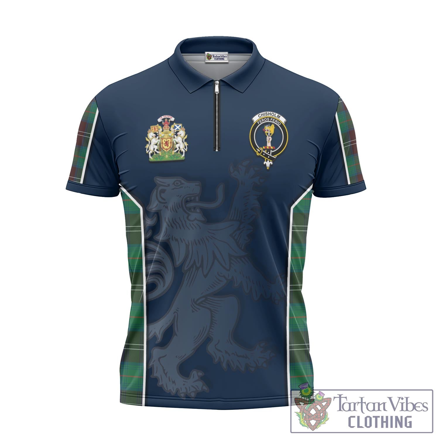 Tartan Vibes Clothing Chisholm Hunting Ancient Tartan Zipper Polo Shirt with Family Crest and Lion Rampant Vibes Sport Style