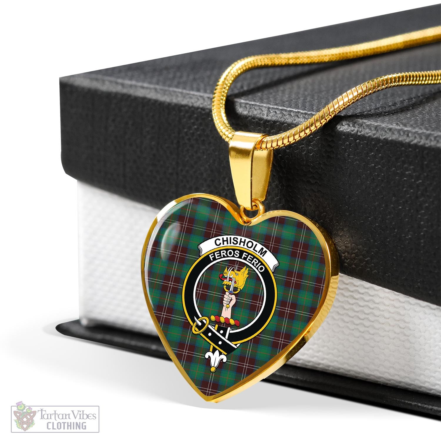 Tartan Vibes Clothing Chisholm Hunting Ancient Tartan Heart Necklace with Family Crest