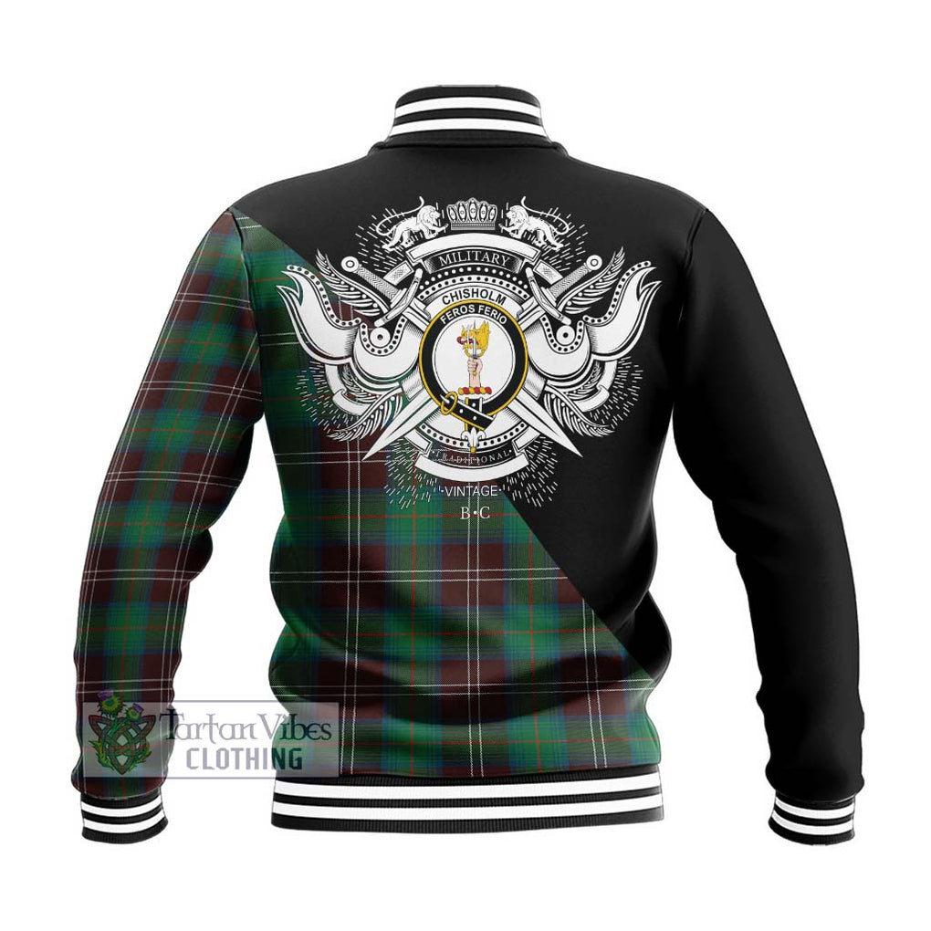 Chisholm Hunting Ancient Tartan Baseball Jacket with Family Crest and Military Logo Style - Tartanvibesclothing Shop