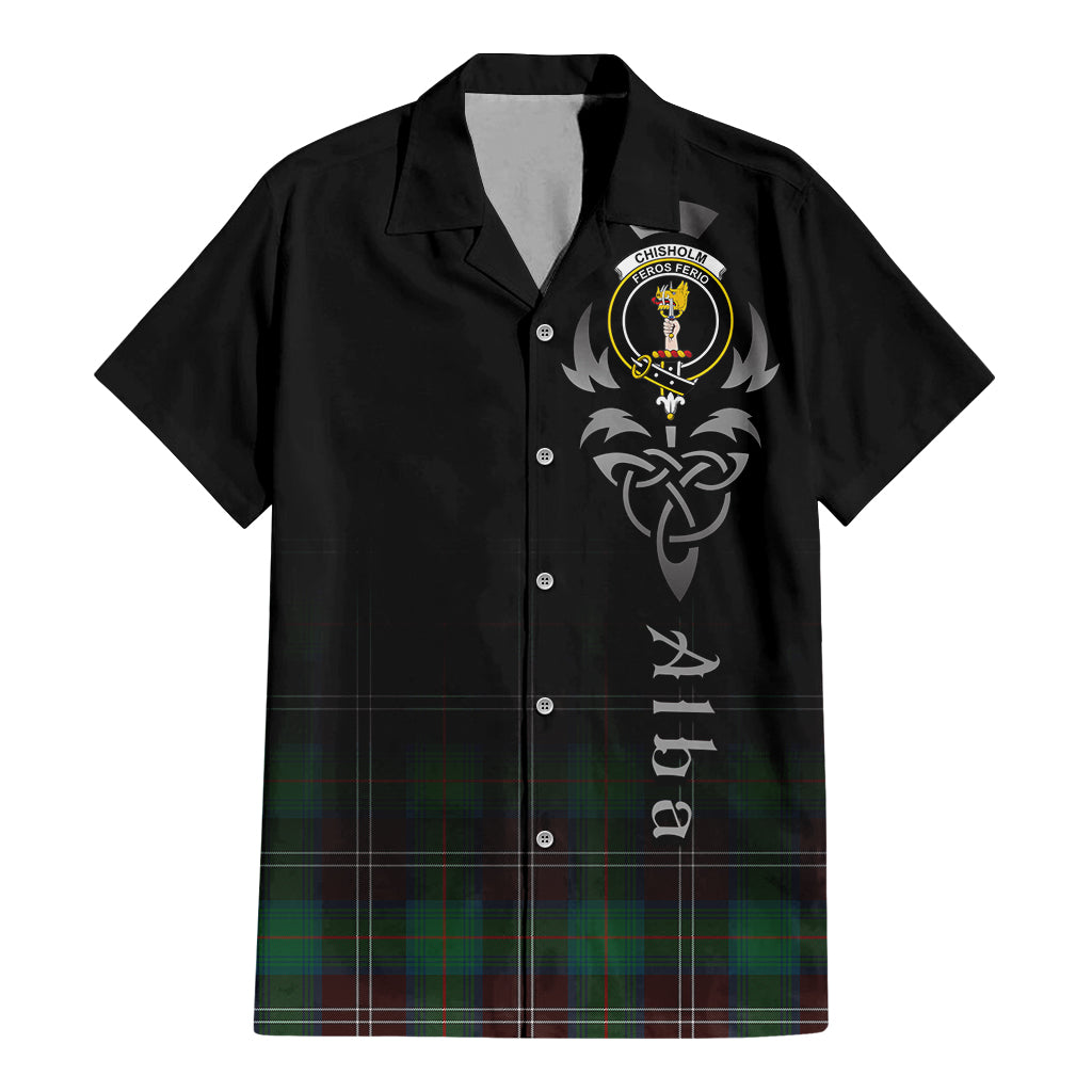 Tartan Vibes Clothing Chisholm Hunting Ancient Tartan Short Sleeve Button Up Featuring Alba Gu Brath Family Crest Celtic Inspired