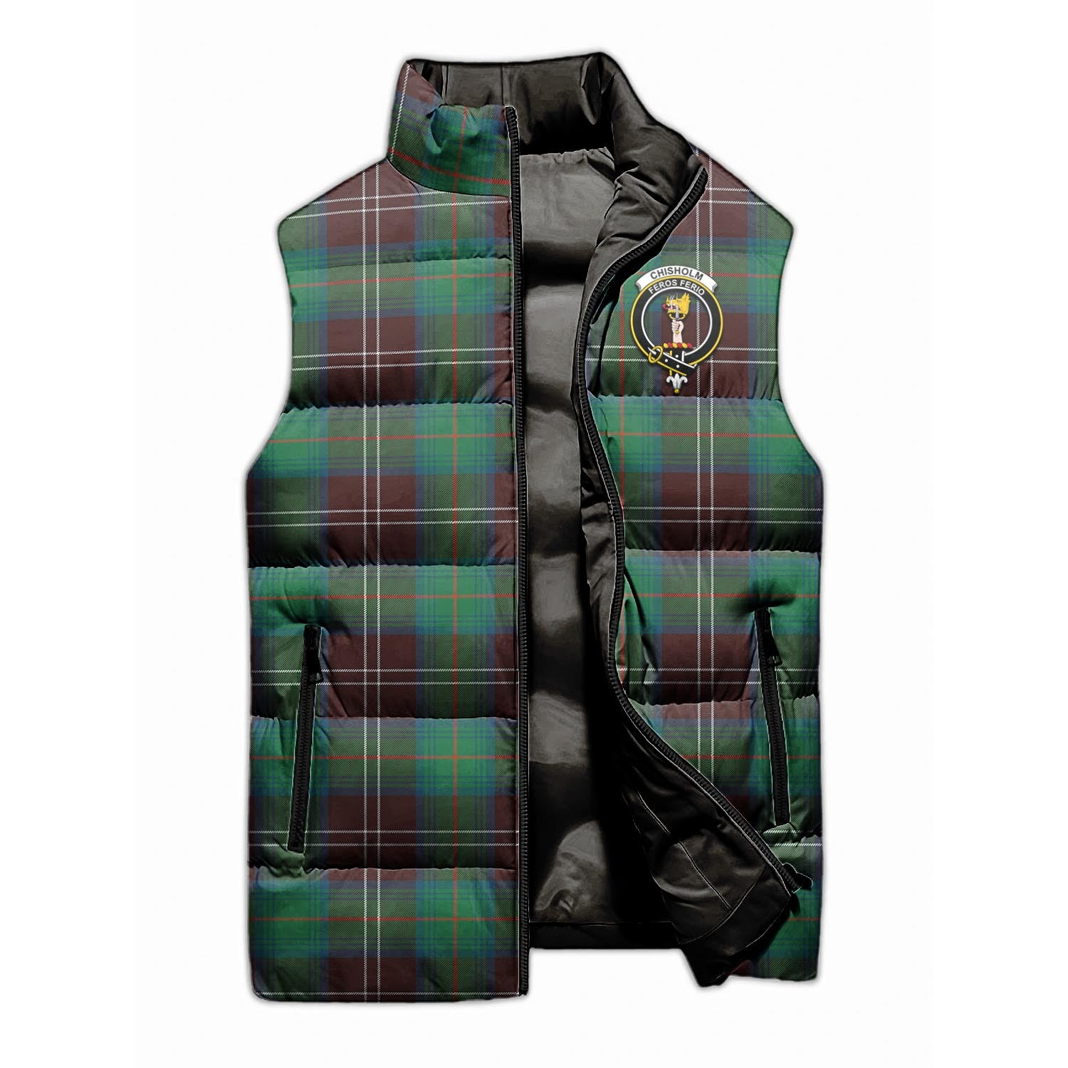 Chisholm Hunting Ancient Tartan Sleeveless Puffer Jacket with Family Crest - Tartanvibesclothing