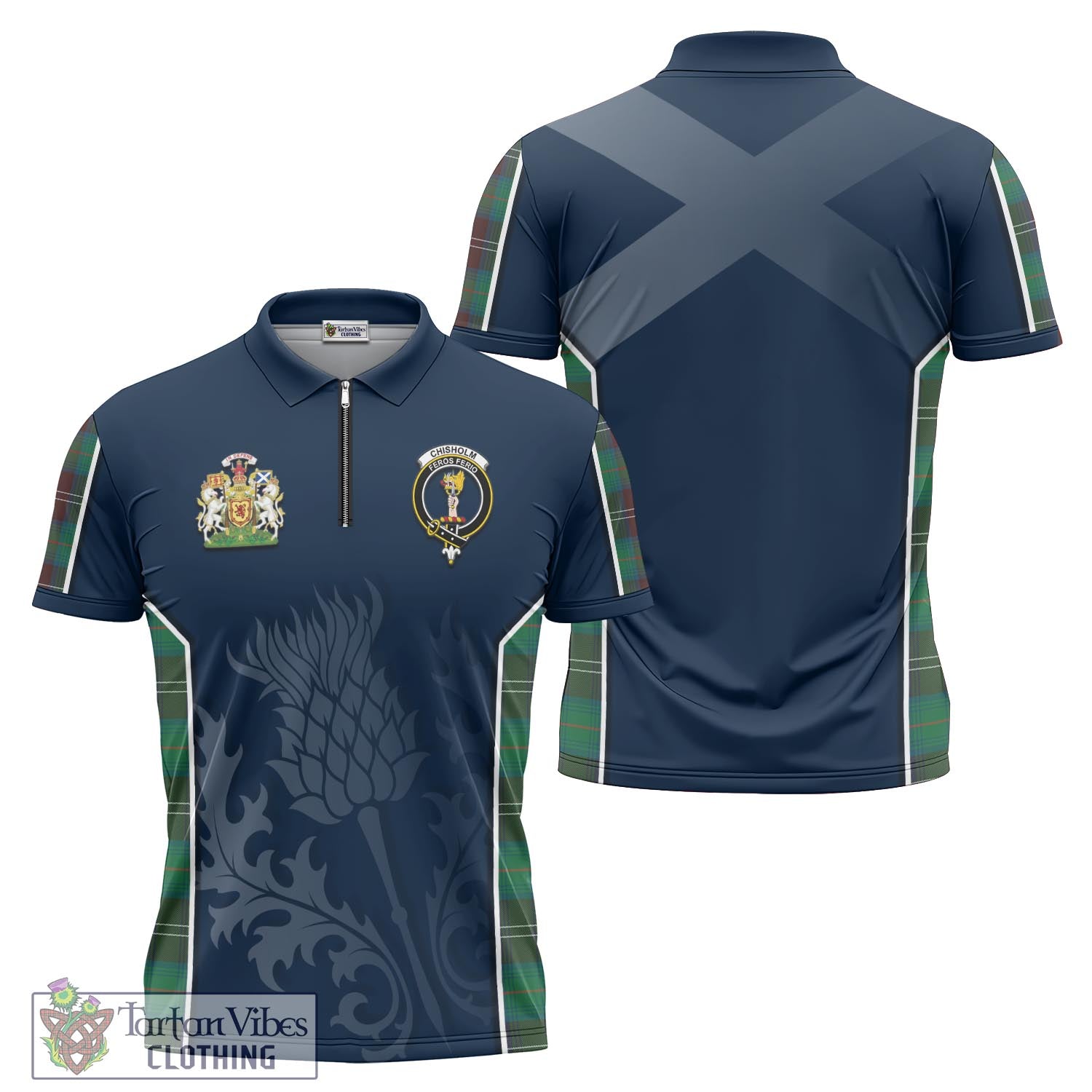 Tartan Vibes Clothing Chisholm Hunting Ancient Tartan Zipper Polo Shirt with Family Crest and Scottish Thistle Vibes Sport Style