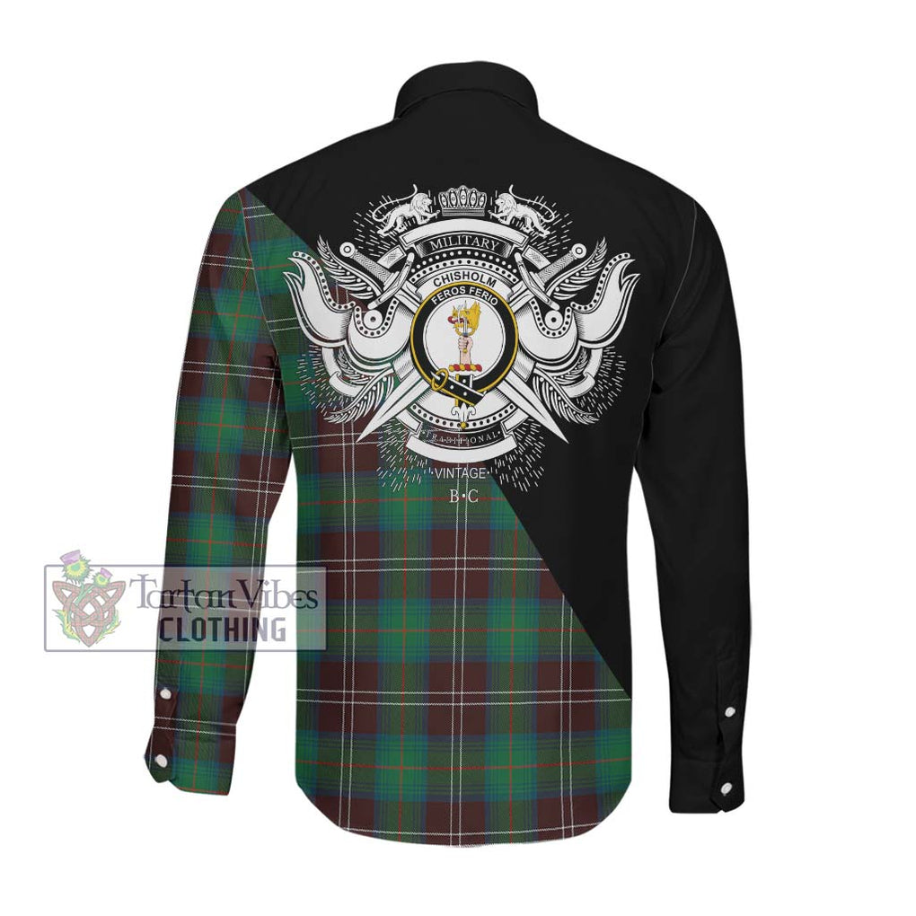 Chisholm Hunting Ancient Tartan Long Sleeve Button Shirt with Family Crest and Military Logo Style Men's Shirt - Tartanvibesclothing Shop